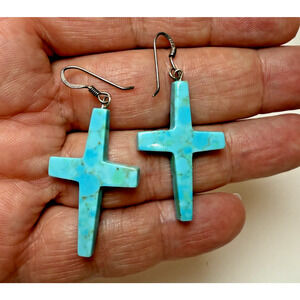 Blue Turquoise Stone Cross Dangle Earrings Sterling Silver .925 French Hook Mod